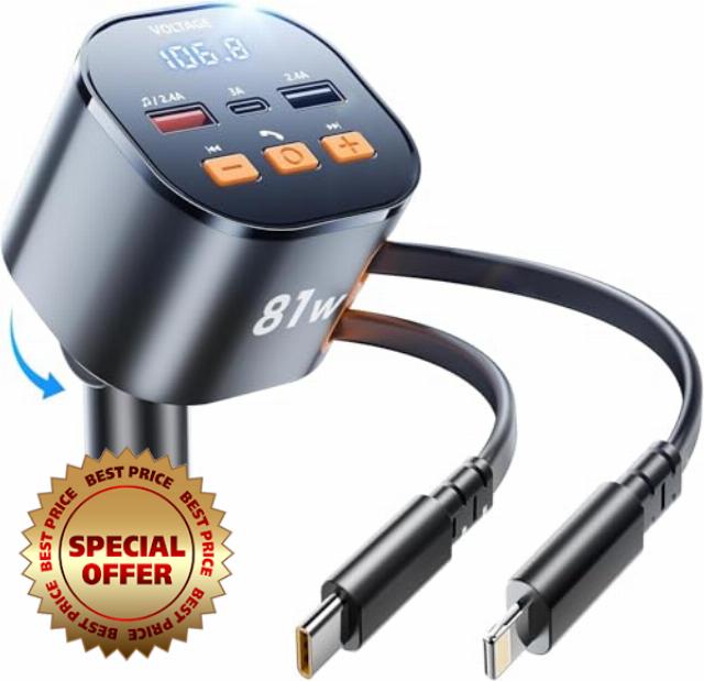 81W Bluetooth Car Adapter with Retractable Multi Charger Cable - Car Charger FM Transmitter