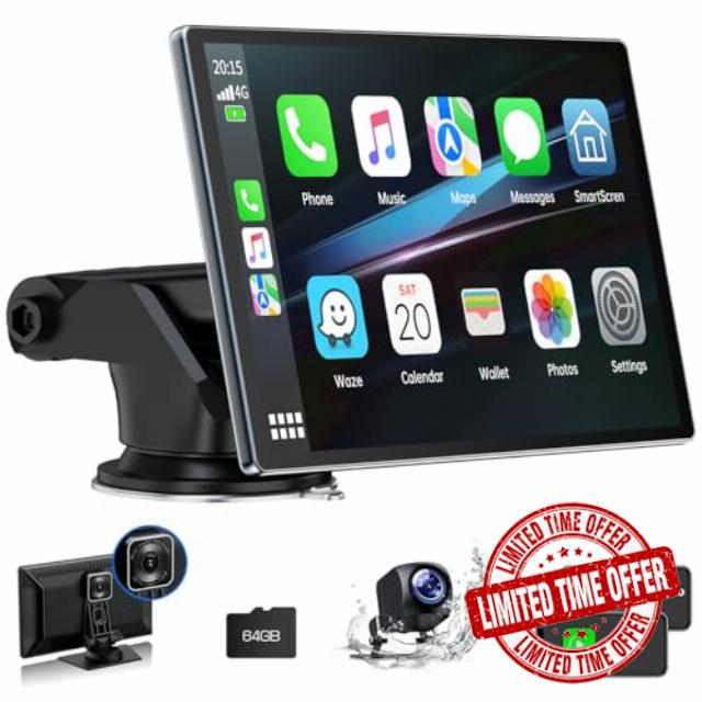 Portable Wireless Carplay Screen for Car with 2.5K Dash Cam