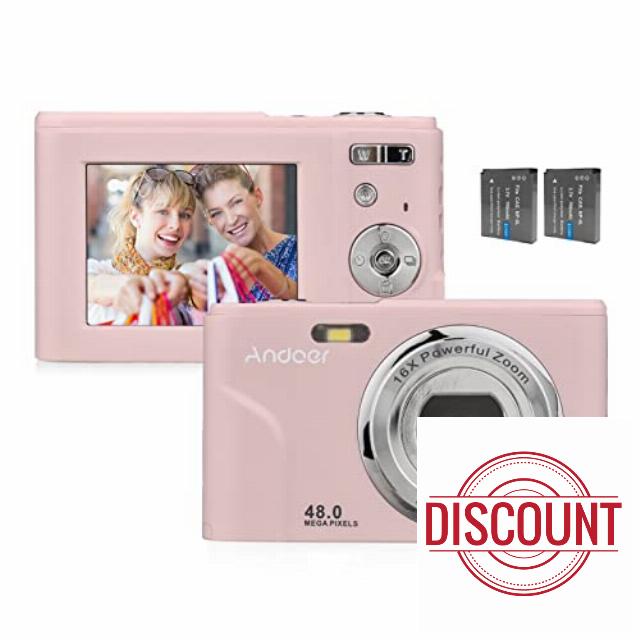 Andoer Portable Digital Camera 48MP 1080P 2.4-inch IPS Screen 16X Zoom Auto Focus Self-Timer 128GB Extended Memory Face Detection Anti-shaking with 2pcs Batteries Hand Strap Carry Pouch