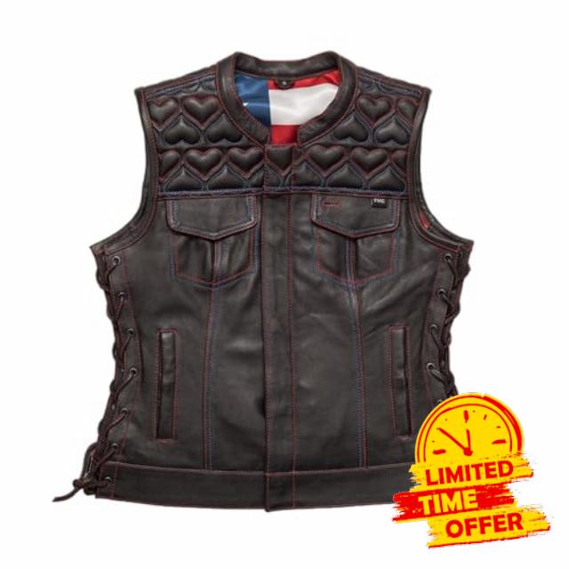 First Mfg Co - Rosie Women's Motorcycle Biker Riding Club Vest Leather Black USA Flag Print Side Lacing Heart Quilting