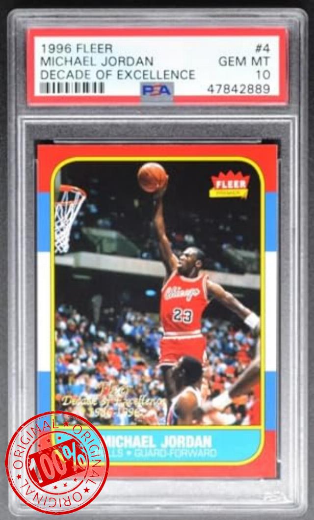 Graded 1996 Fleer Michael Jordan #4 Decade of Excellence Rookie Reprint Basketball Card PSA 10 Gem Mint