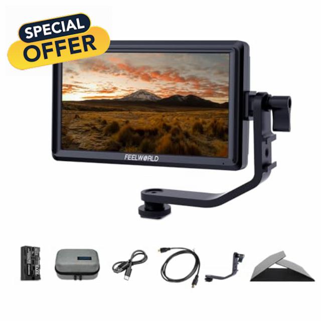 FEELWORLD 5.5 Inch DSR Camera Field Monitor with F550 Battery 2200mAh+Bag Small Full HD 1920x1152 IPS Video Assist Mit HDMI Output and Input S55V3