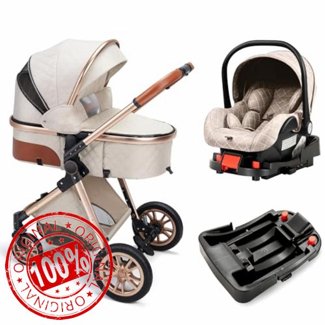 3-in-1 Convertible Baby Stroller with Bassinet Mode - Foldable Infant Stroller - Toddler Stroller with Reversible Stroller Seat Adjustable Bassinet (Beige with Base