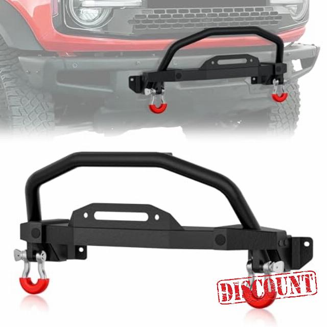 Front Bumper Bull Bar with Winch Plate & D-Rings Compatible for 2021 2022 2023 2024 Ford Bronco 2/4 Door (ONLY fit Steel Modular Front Bumper)