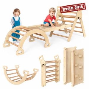 Pikler Triangle Set Montessori Play GYM Climbing Toys for Toddlers 1-3 Inside Wooden Baby Play Gym Toddler Slides Indoor and Outdoor Play