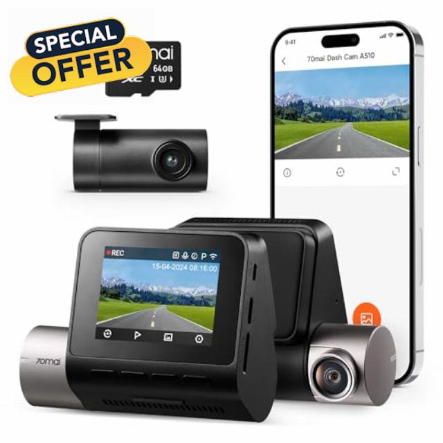70mai New 2.7K 1944P Ultra Full HD Dash Cam A510 with 64GB SD Card