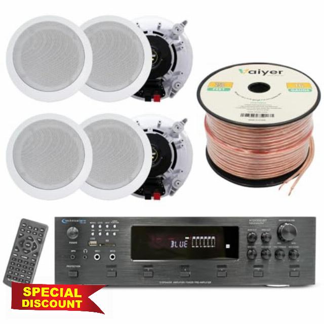 Vaiyer Home Theater System Kit - 6000 Watts Bluetooth Amplifier with 5.25" 6 QTY of 175 W Each in-Wall in-Ceiling Speakers & 16 Gauge 250 ft. Spool of Speaker Zip Wire