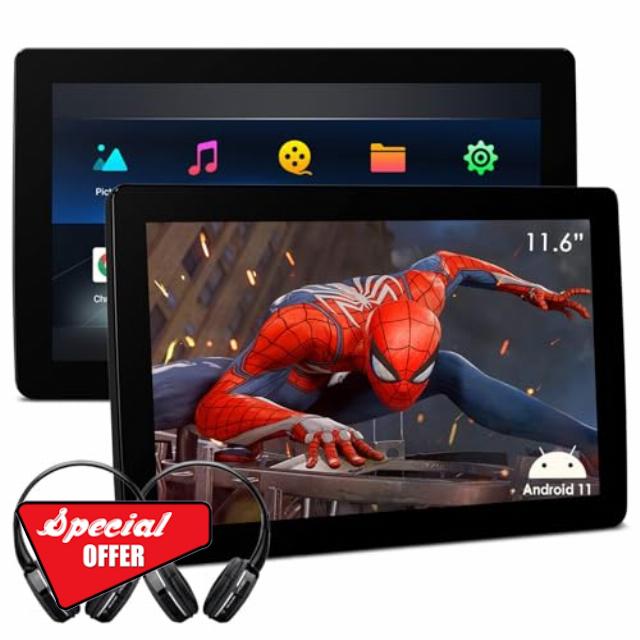 XTRONS Dual Android 11 Car TV Headrest Monitor Tablet for Back Seat with 2 Bluetooth Headphones