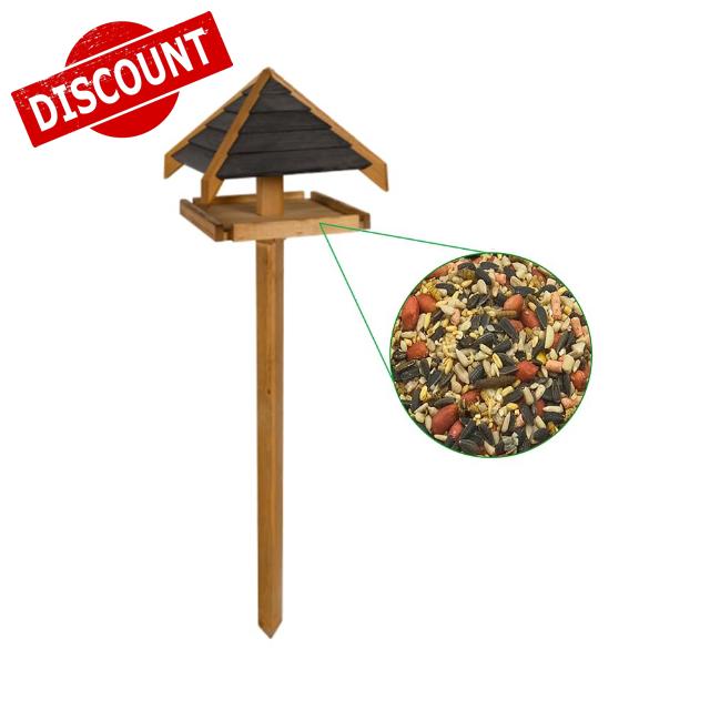 Green Feathers Handcrafted Wooden Pine & Charcoal Bird Table with Sheltered Roof & Mounting Stake for Outdoor Garden - Feeding Station for Small to Medium Birds (Charcoal Roof Bird Table & Seed Mix)