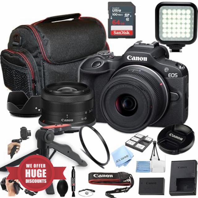 Canon EOS R100 24.2MP APS-C CMOS Sensor Mirrorless Camera with 18-45mm Lens + Case + 64GB Ultra Memory Card + LED Video Light + Filter + More (Essential Bundle) (Renewed)