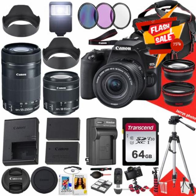 Canon EOS Rebel SL3 DSLR Camera with EF-S 18-55mm f/4-5.6 is STM and EF-S 55-250mm f/4-5.6 is STM Lens + 64 GB Memory + Extra Battery + Filters + More (34pc Bundle) (Renewed)