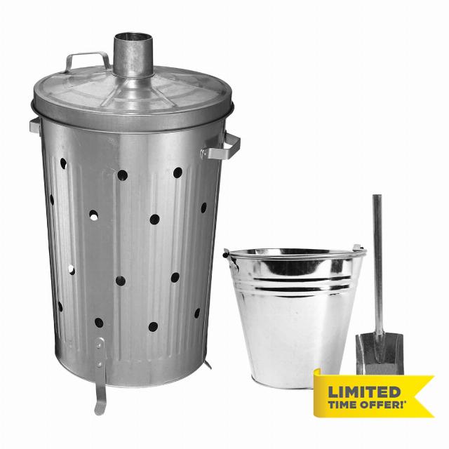 ( ) Metal Shovel (4 Inch) + 9L Bucket + 75 Litre 75L Extra Large Galvanised Metal Incinerator Recycle Garden Rubbish Fire Burning Bin Taper Mouth Hand Shovel