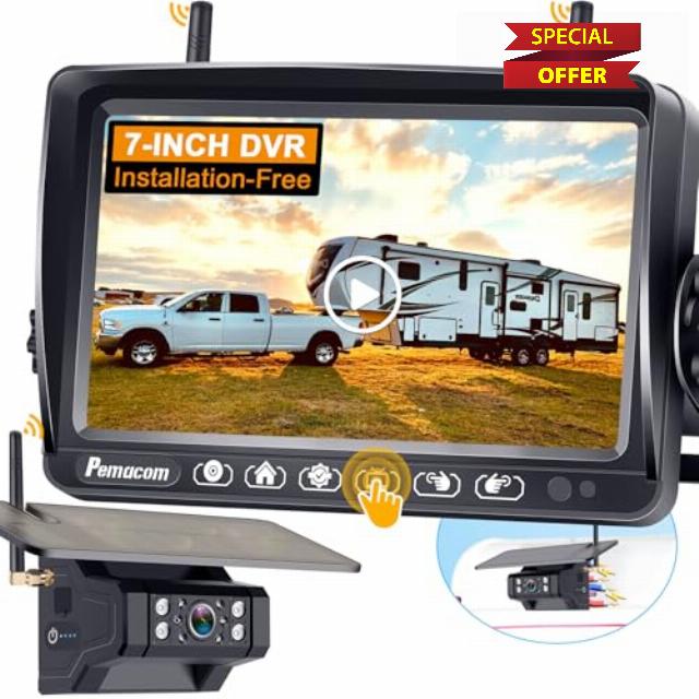 Wireless RV Backup Camera Install-Free for Trailer: 7 Inch Recording Monitor Solar RV Rear View Camera Long Battery Life - Strong Magnetic RV Camera HD 1080P for Furrion Voyager Series RVs Trucks