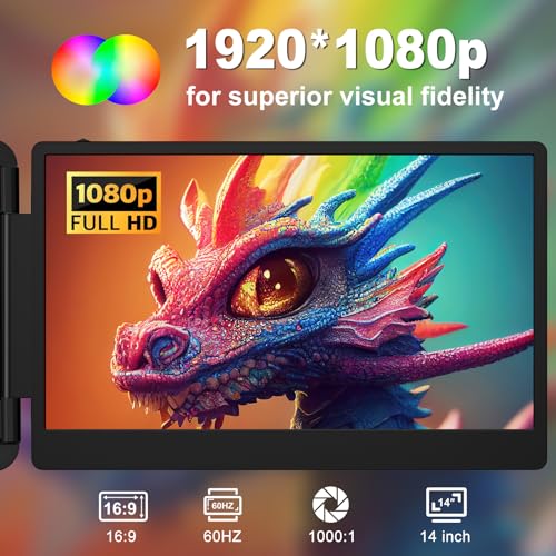 14" 1080P FHD Triple Portable Monitor Build-in Stand & Dual Speakers Fit for 13''-16.1'' Laptop