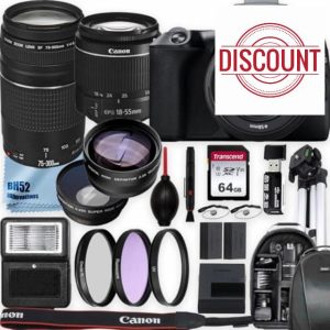 Canon EOS 250D/Rebel SL3 (International Model) DSLR Camera w/ 18-55mm DC III and EF 75-300mm f/4-5.6 III Lenses + Tripod + Deluxe Accessory Bundle (Renewed)