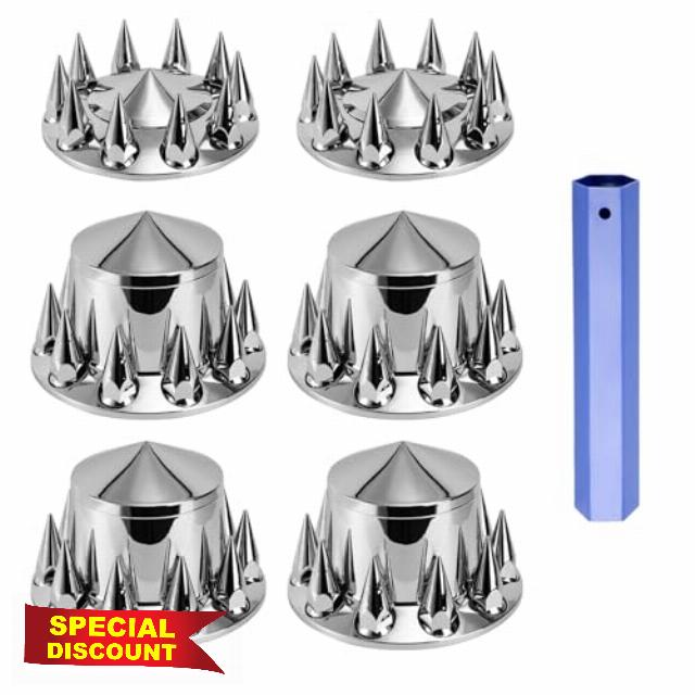 Spiked Wheel Covers for Semi Trucks - 2 Front and 4 Rear Axle Hub Covers with 33mm Thread-On Chrome Lug Nut Covers for Semi Truck (Installation Tool Included)