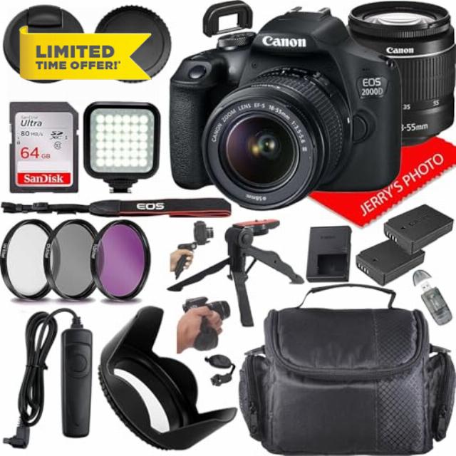 Canon EOS 2000D (Rebel T7) DSLR Camera w/Canon EF-S 18-55mm F/3.5-5.6 DC III Zoom Lens + Extra Battery + Case + 64GB Memory (20pc Bundle) (Renewed)