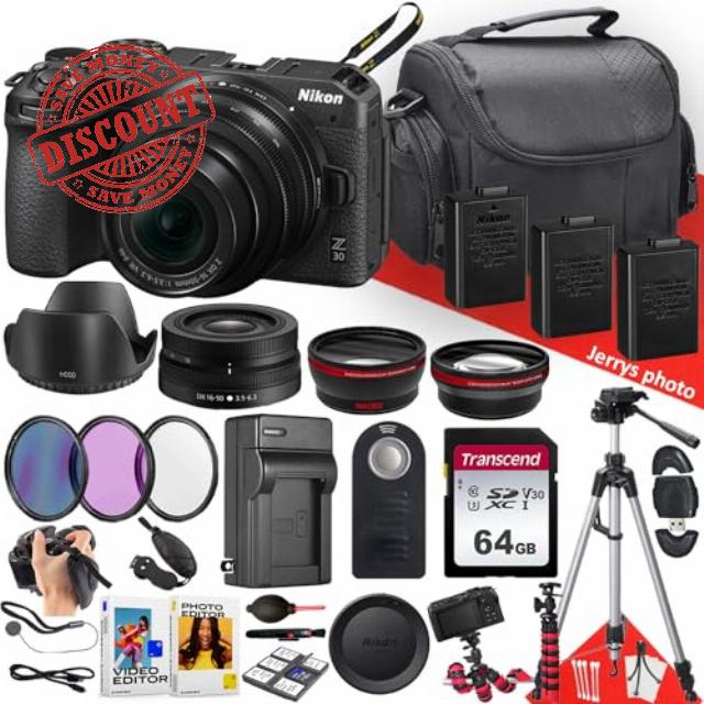 Nikon Z30 Mirrorless Camera with NIKKOR Z DX 16-50mm F/3.5-6.3 VR Lens + 64GB Memory + 2PC Extra Battery + Remote Control + Filters + Tripod + More (31pc Bundle)