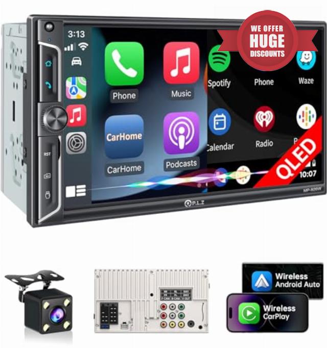 PLZ 7" Wireless Double Din Car Stereo Apple Car Play Radio Carplay Android Auto QLED Touch Screen