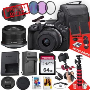 Canon EOS R50 Mirrorless Camera with RF-S 18-45mm f/4.5-6.3 is STM Lens + 64 GB Memory + Hood + Extra Battery + Battery Charger + Filters + More (25pc Bundle)