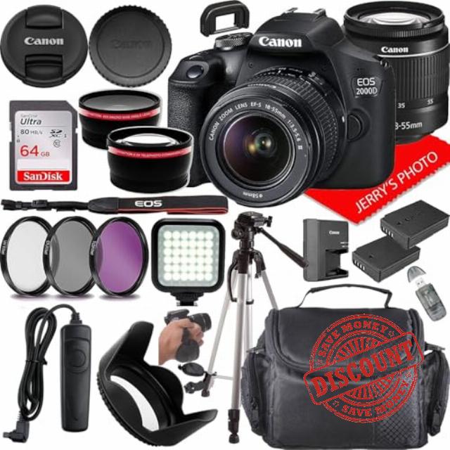 Canon EOS 2000D (Rebel T7) DSLR Camera w/Canon EF-S 18-55mm F/3.5-5.6 DC III Zoom Lens + Extra Battery + Case + 64GB Memory (22pc Bundle) (Renewed)