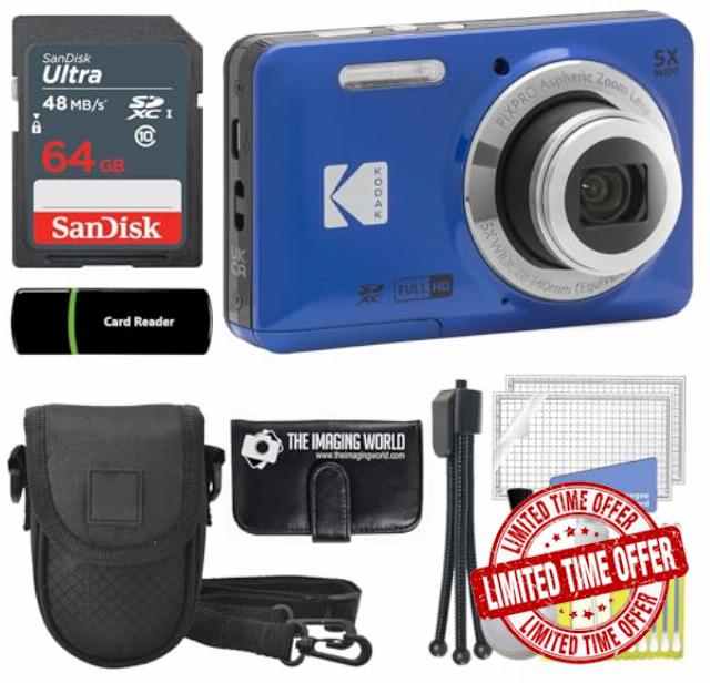 Kodak PIXPRO FZ55 Blue 16MP Digital Camera 5X Optical Zoom 28mm Wide Angle 1080P Full HD Video 2.7" LCD Camera + 64GB Card and Reader + Case + Memory Wallet + Tripod + Cleaning Bundle