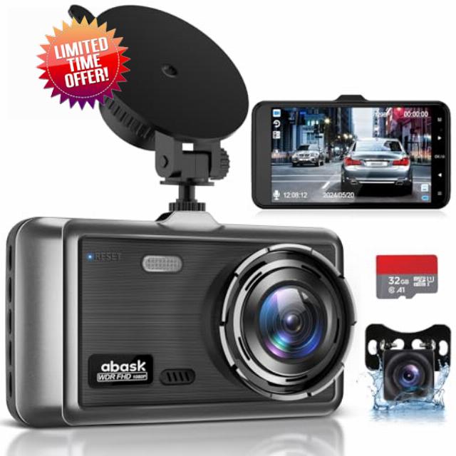 abask Dash Cam Front and Rear with 32GB SD Card