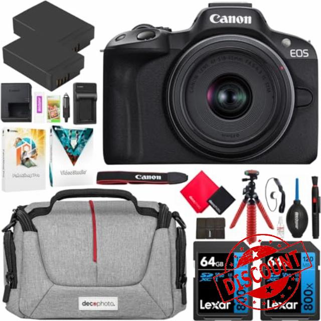Canon EOS R50 Mirrorless Camera (Black) with RF-S 18-45mm F4.5-6.3 IS STM Lens 5811C012 Bundle with Deco Gear Photography Bag + 2 x Battery + 2 x 64GB Memory Cards + Accessories Kit