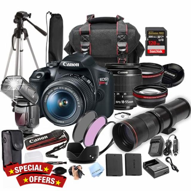 Canon EOS Rebel T7 Camera Bundle w/EF-S 18-55mm + 420-800mm Telephoto Lens + 128GB Extreme Speed Card