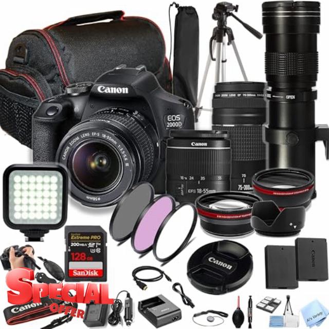 Canon EOS 2000D / Rebel T7 W/18-55mm + 75-300mm Lenses + 420-800mm Lens + 128GB Extreme Speed Card