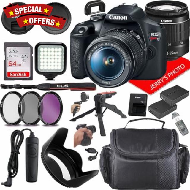 Canon EOS Rebel T7 DSLR Camera w/Canon EF-S 18-55mm f/3.5-5.6 IS II Lens + Extra Battery + Case + 64GB Memory (20pc Bundle) (Renewed)