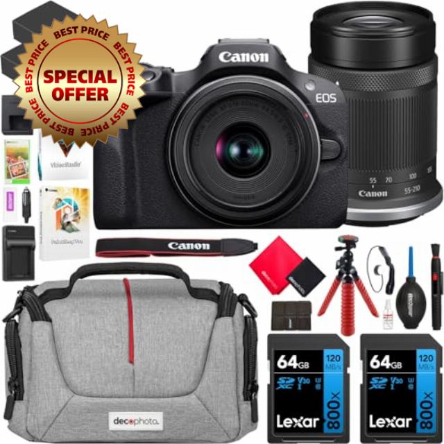 Canon EOS R100 Mirrorless Camera Body with 2 Lens Kit RF-S 18-45mm IS STM and RF-S 55-210mm IS STM 6052C022 Bundle with Deco Gear Photography Bag + 2 x Battery + 2 x 64GB Memory Cards + Accessories
