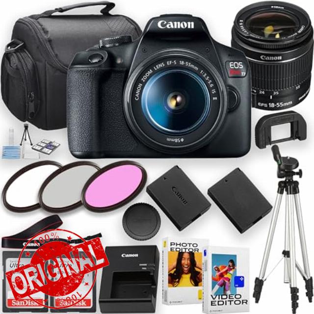 Canon EOS Rebel T7 DSLR Camera w/EF-S 18-55mm f/3.5-5.6 IS II Lens + 2Pc 64GB Memory Card + Tripod + Photo and Video Editor & More (Renewed)