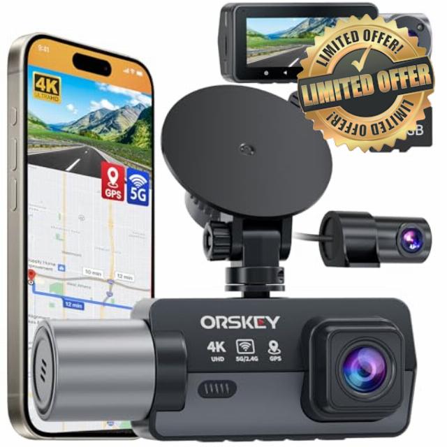 ORSKEY 4K 3 Channel Dash Cam 5G WiFi Built-in GPS with 64GB Card