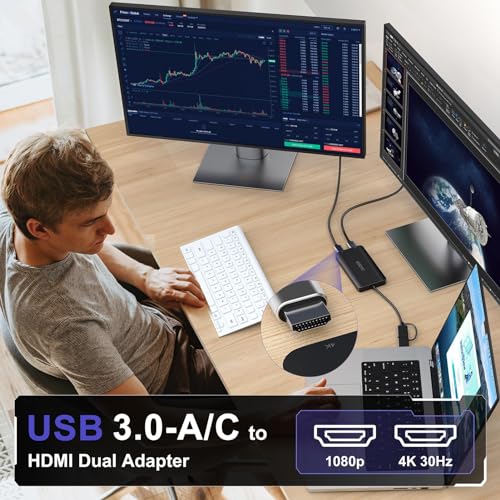 USB 3.0-A/C to Dual HDMI Adapter 4K@30Hz+1080p@60Hz for MacBook/MacBook Pro Air Dell (MST Support MacOS/Windows)