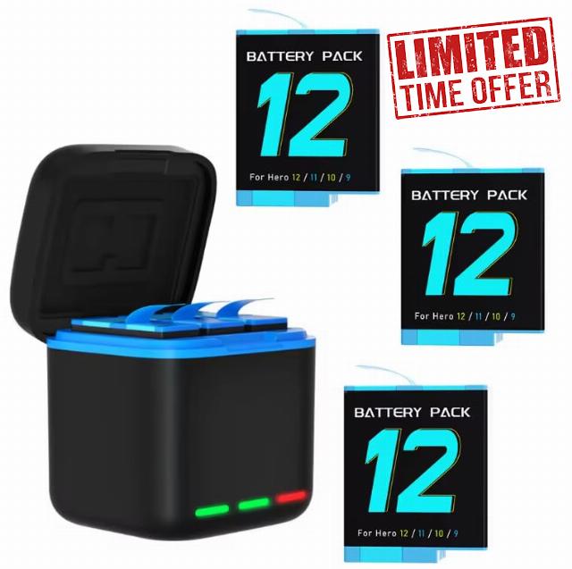 WYLDPRO Triple Battery Charger with 3 Batteries for GoPro (HERO 12