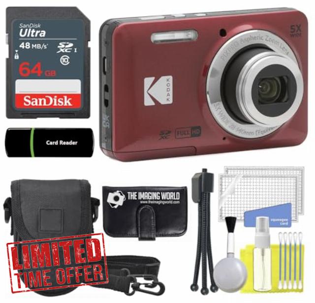 Kodak PIXPRO FZ55 Red 16MP Digital Camera 5X Optical Zoom 28mm Wide Angle 1080P Full HD Video 2.7" LCD Camera + 64GB Card and Reader + Case + Memory Wallet + Tripod + Cleaning Bundle