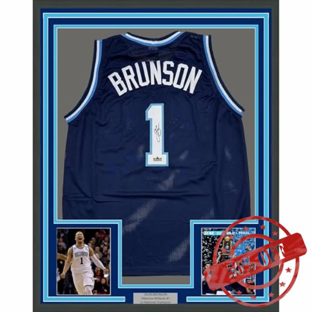 Framed Facsimile Autographed Jalen Brunson 35x39 Villanova Blue Reprint Laser Auto College Basketball Jersey
