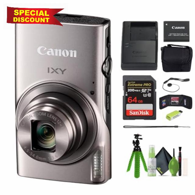 Canon IXY 650 Compact Digital Camera 12x Optical Zoom IXY650 (Silver) Bundle with 64GB Memory Card + Camara Bag + Card Reader + Vlogging Tripod + Cleaning Kit and More