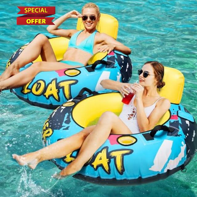 Heavy Duty River Tube with Canvas Cover 53'' Large Pool Floats Adult Inflatable Water Tubes for Floating Blow Up Lake Raft Tubing Floaties Lounge Chair with Cup Holders Backrest Grip Handles