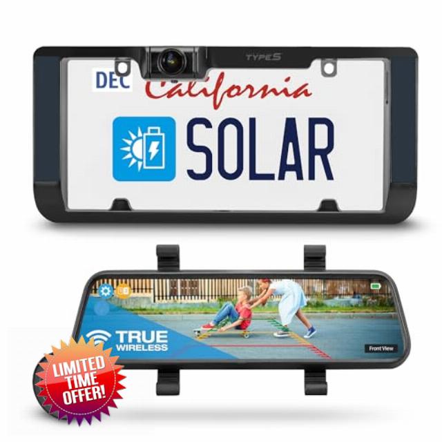 TYPE S True Wireless Solar Powered Smart HD Backup Camera | License Plate Frame Mount | Self-Charging | 3 Minute Installation | Universal Compatibility | 720p Night Vision