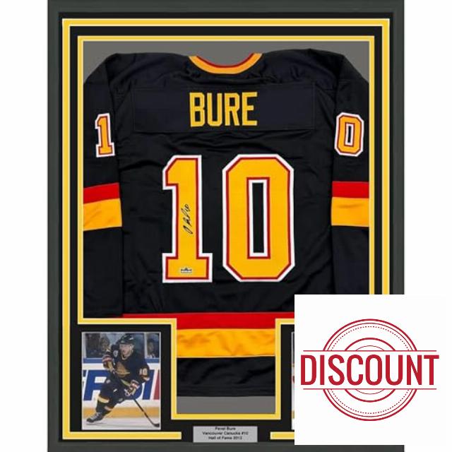 Framed Facsimile Autographed Pavel Bure 35x39 Vancouver Black Reprint Laser Auto Hockey Jersey