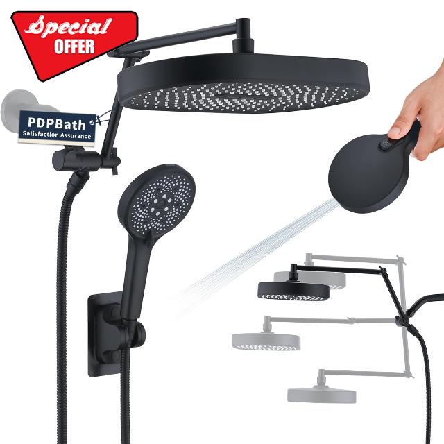 PDPBath 14 Inch Rain Shower Head with 5+1 Settings Handheld Spray Combo