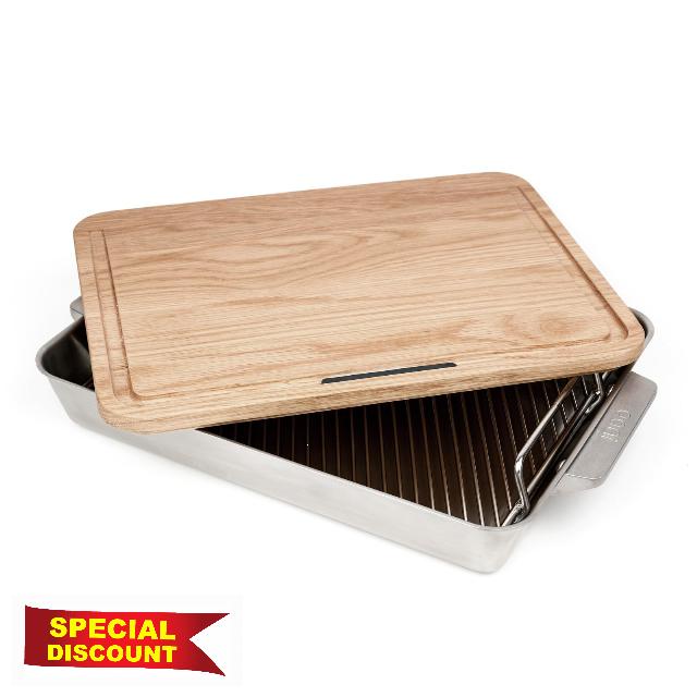 Ooni Large 17" x 12" Roasting Pan - Non Stick Stainless Steel Roasting Tray with Rack and Wooden Carving Meat Board