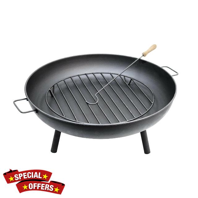 Generise Fire Pit - 'Triblaze' XL - 84cm Diameter Rustic Black Fire Bowl Made from Solid Steel Complete with Grill and Iron Poker (100cm with Handles)
