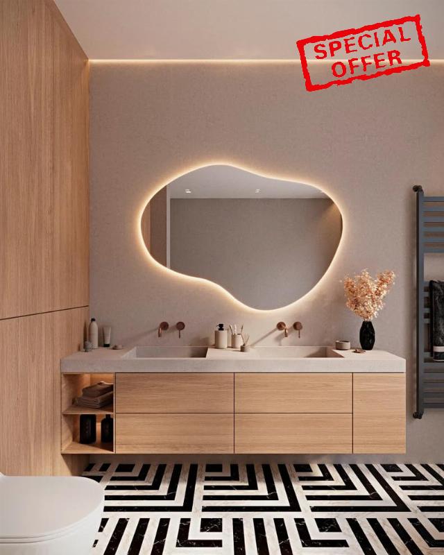 LED Wall Mirror - Asymmetrical Illuminate Mirror - Frameless Irregular Vanity Mirror with Light for Bathroom Bedroom Living Room (Warm Light