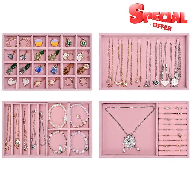 ProCase Jewellery Tray Organiser 4 Set Jewellery Drawer Organiser Velvet Stackable Jewellery Storage Tray for Drawer Jewellery Display for Earring Necklace Ring Bracelet