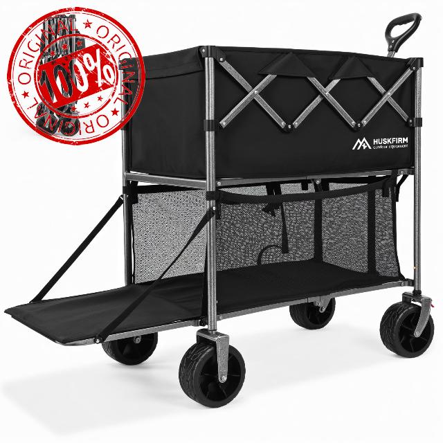 400L Double Decker Wagon Collapsible 450LBS All Terrain Wagons Carts Foldable Heavy Duty Double Wagon Sports Large Beach Wagon with Big Wheels for Sand Camping Sports Shopping - Black