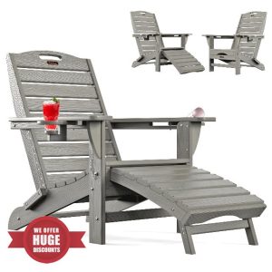 Folding Adirondack Chair with Retractable Ottoman Fire Pit Patio Chair with Pull Out Foot Rest Weather Resistant Lawn Outdoor Lounge Chair with 2 Cup Holder