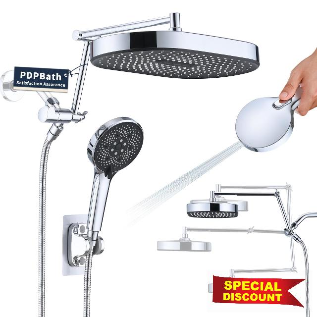 PDPBath 14 Inch Rain Shower Head with 5+1 Settings Handheld Spray Combo